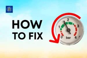 Image showing that HOW TO FIX on a sky-gradient background beside a boiler pressure gauge marked 0-4 bar