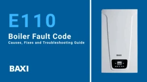 Image showing that Baxi boiler display showing E110 fault code with baxi logo down-left with baxi boiler image