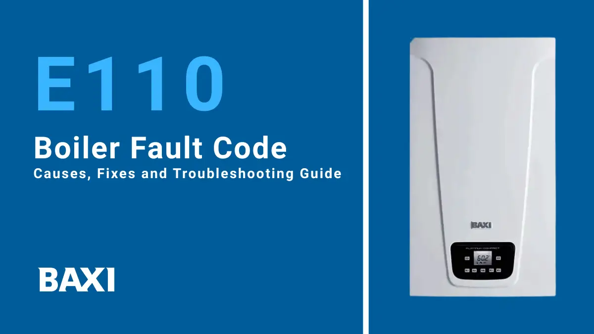 Image showing that Baxi boiler display showing E110 fault code with baxi logo down-left with baxi boiler image