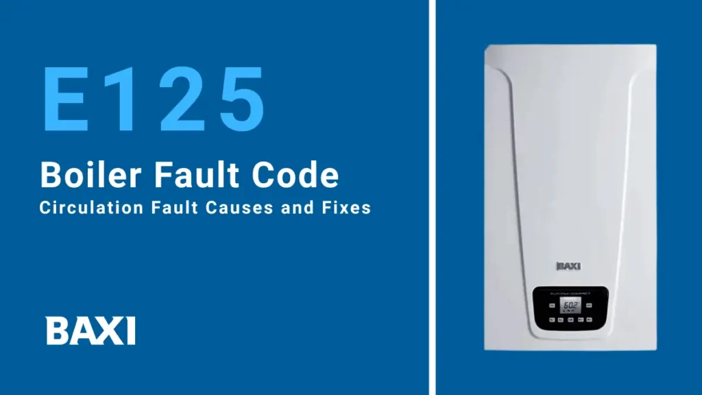 Image showing that Baxi boiler graphic displaying E125 fault code, highlighting circulation problems caused by low pressure, airlocks, pump faults, or blockages.