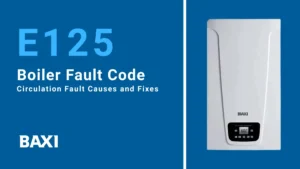 Image showing that Baxi boiler graphic displaying E125 fault code, highlighting circulation problems caused by low pressure, airlocks, pump faults, or blockages.